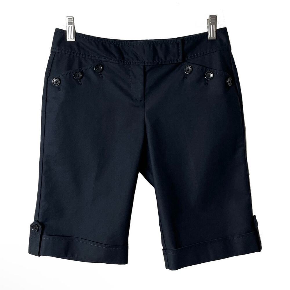 Ann Taylor Women Chino Bermuda Short 2 Black Nautical Buttons 11" Stretch Cotton - Picture 2 of 8